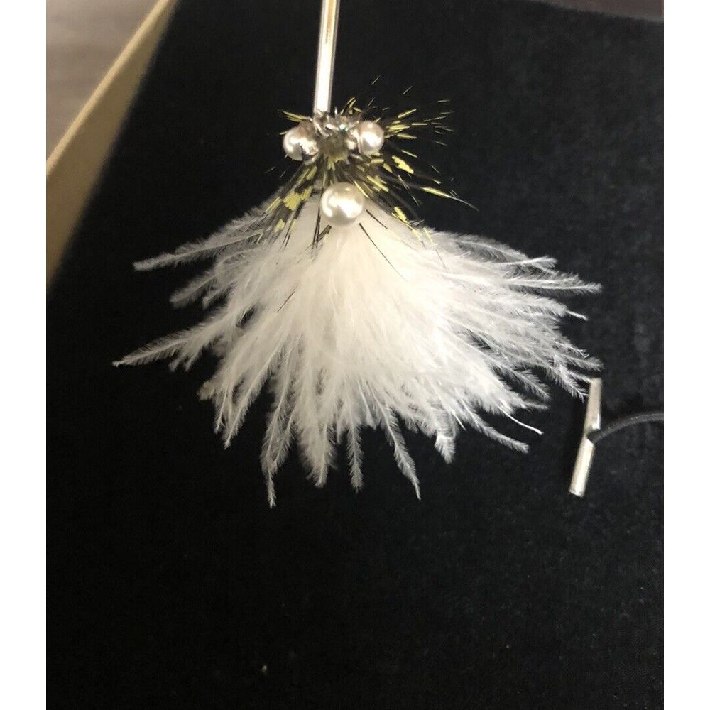 Burberry Asymmetrical Silver Tone Earrings Ostrich Feather Pearl Chain Drop NIB - Picture 9 of 15